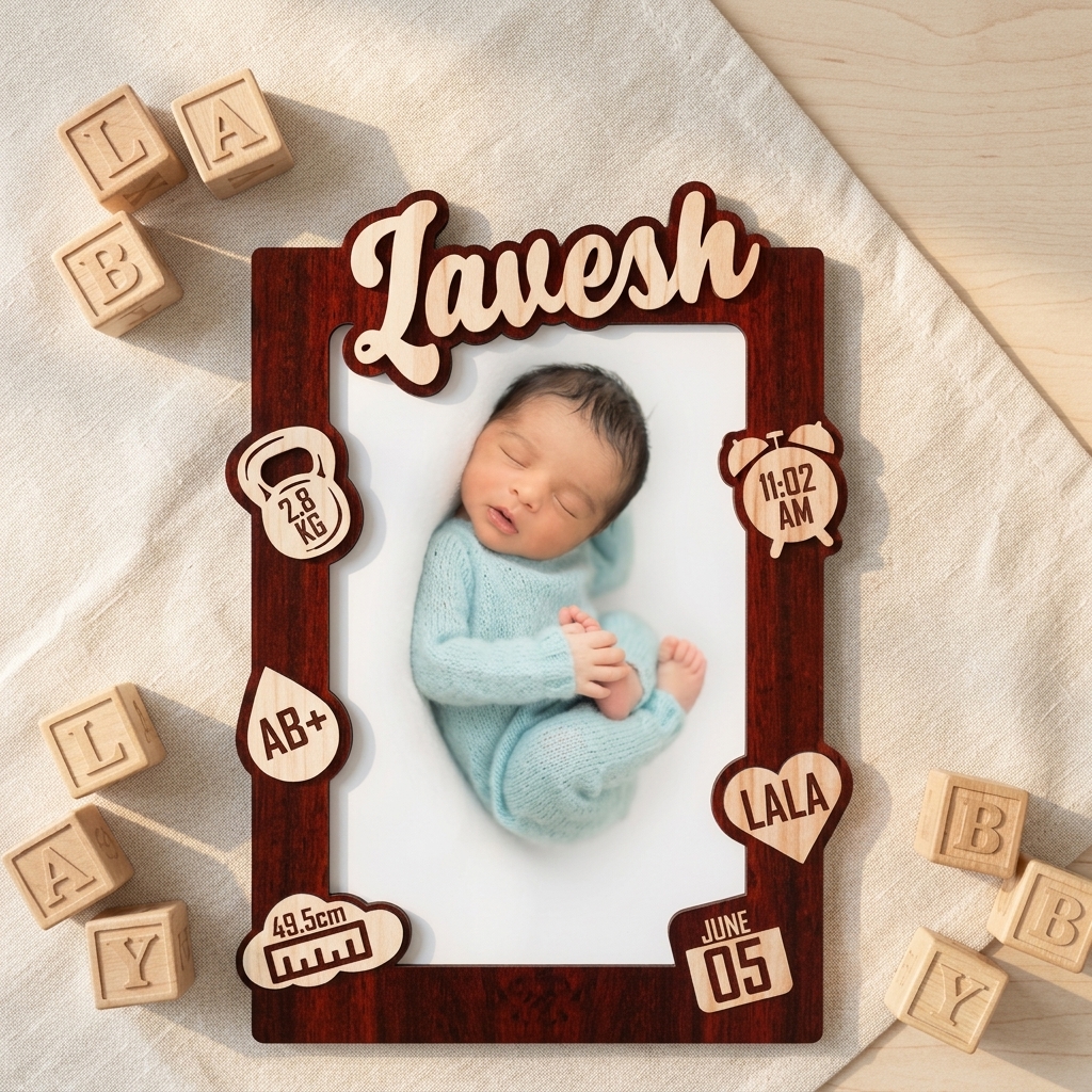 pomelli_photoshoot-1(16) Personalized Born Baby Details Cutout Frame – Custom Printed Cutout Frame - Image 1