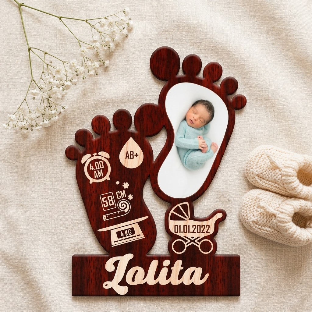 pomelli_photoshoot-1(17) Personalized Born Baby Details Foot Shape Frame – Custom Printed Cutout Frame - Image 1
