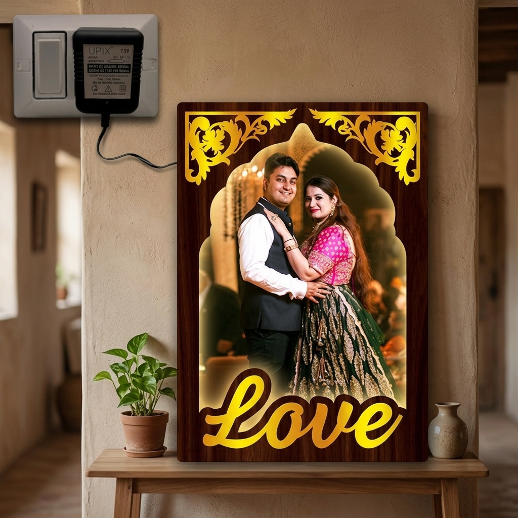 pomelli_photoshoot-4(2) Personalized LED Backlit Gold Mirror Photo Frame (Couple Special) โ Custom Printed Photo Frame - Image 1