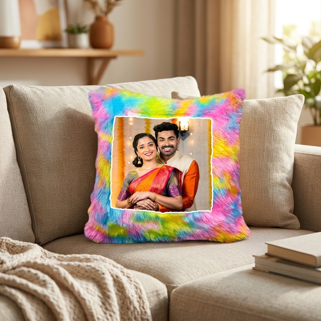 pomelli_photoshoot-4(29) Personalized Photo Rainbow Cushion – Custom Printed Pillow - Image 1