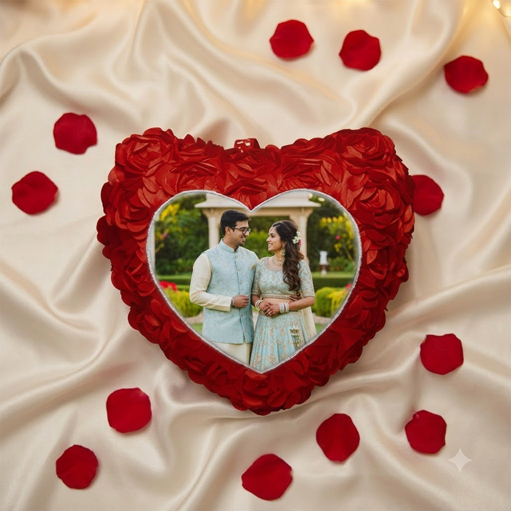 136 (1) Rose Petal Heart Shape Photo Pillow - Image 1