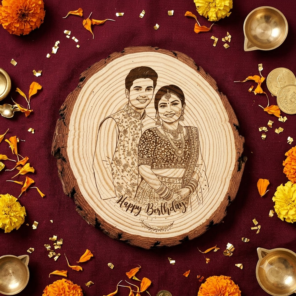 147 (1) Natural Wooden Slice Engraved Photo Frame - Image 1